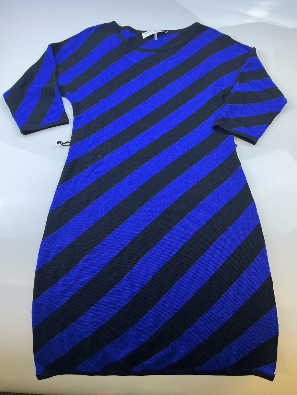 Trina Turk Black & Blue Merino Wool Diagonal Striped Dress N254-11